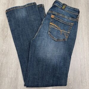 Aura Bootcut Jeans Embellished Pockets Flare Dark Wash Denim Women Size 2 Short